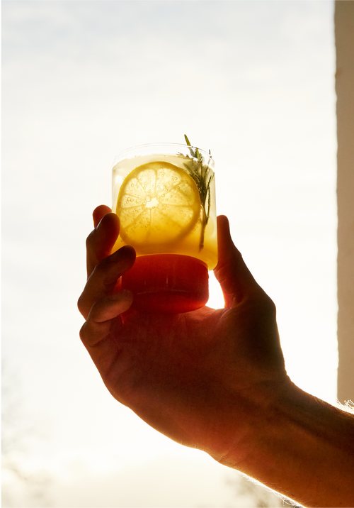 A hand holds a refreshing drink with a lemon slice and herbs, backlit by bright sunlight.