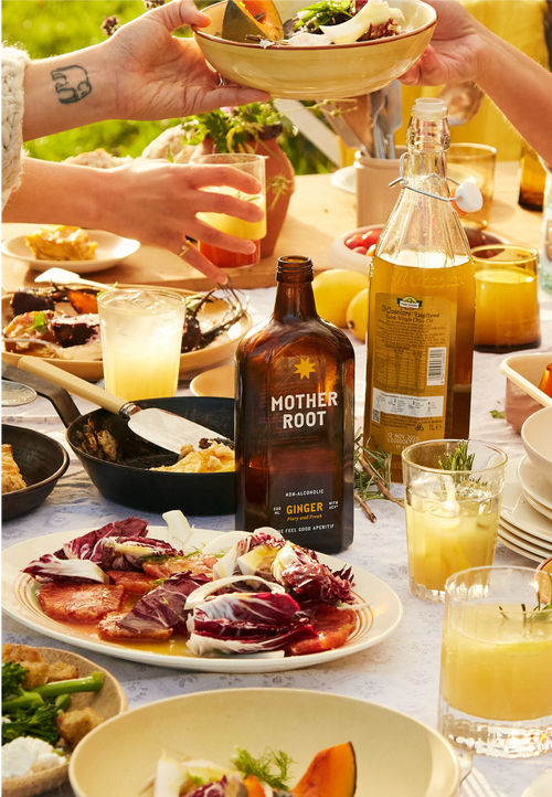 Outdoor table with salads, drinks, and a bottle labeled Mother Root Ginger, as friends share a meal together.