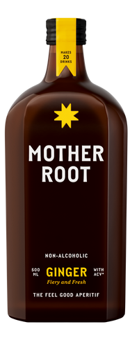 A brown bottle labeled Mother Root Ginger, a non-alcoholic aperitif, featuring zesty yellow accents and bold white text.