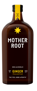 A brown bottle labeled Mother Root Ginger, a non-alcoholic aperitif, featuring zesty yellow accents and bold white text.