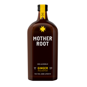A brown bottle labeled Mother Root Ginger, a non-alcoholic aperitif, featuring zesty yellow accents and bold white text.