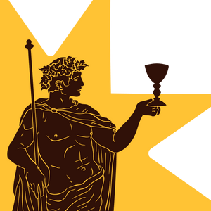 Illustration of a toga-clad figure holding a goblet, set against a vibrant yellow and white star-shaped background.